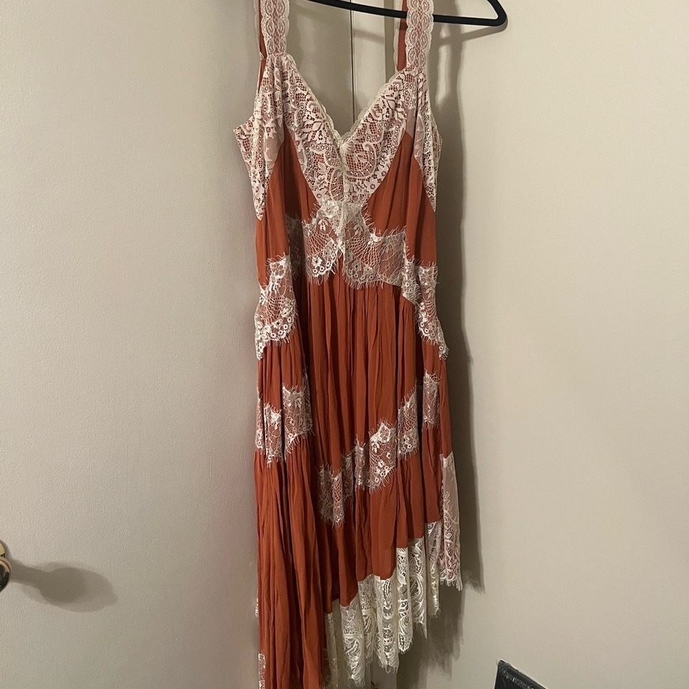 Anthropologie Rust Dress with White Lace Trim